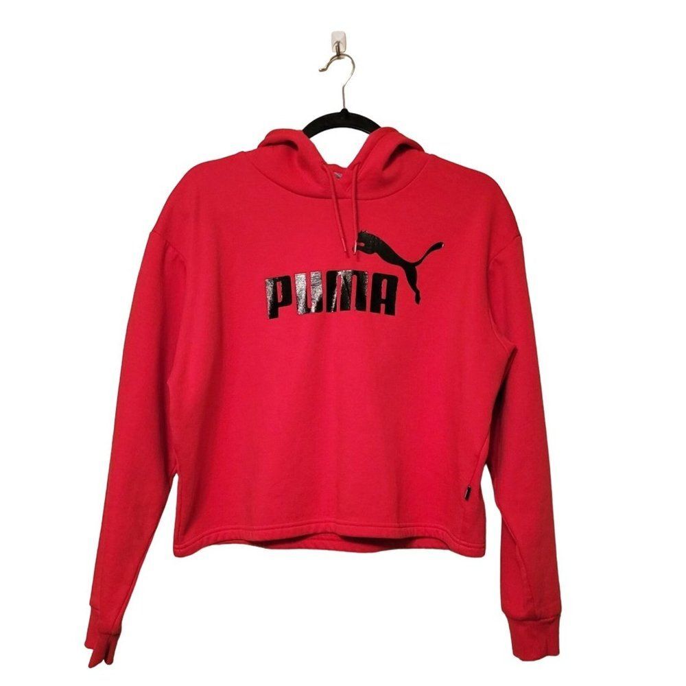 Puma Womens Hoodie Pink L Athletic Logo Cropped Drawstring